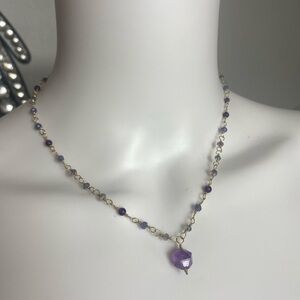 Necklace 14K GF wire-wrapped amethyst crystal & glass 16”